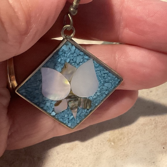 Alpaca Butterfly Earrings Turquoise Mother of Pearl Pierced dangle vintage - Picture 5 of 8